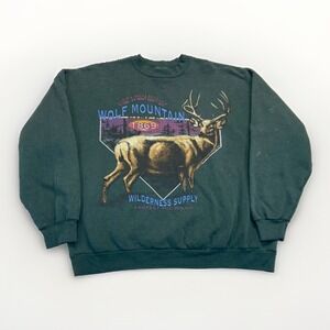 Vintage Wolf Mountain Sweatshirt Mens XL Green Wilderness Supply Deer Buck USA